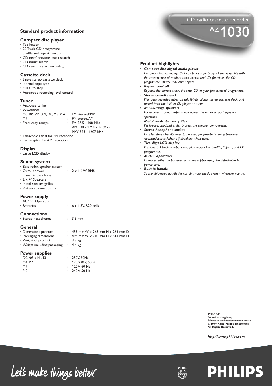 Cd radio cassette recorder | Philips AZ1030-17 User Manual | Page 2 / 2