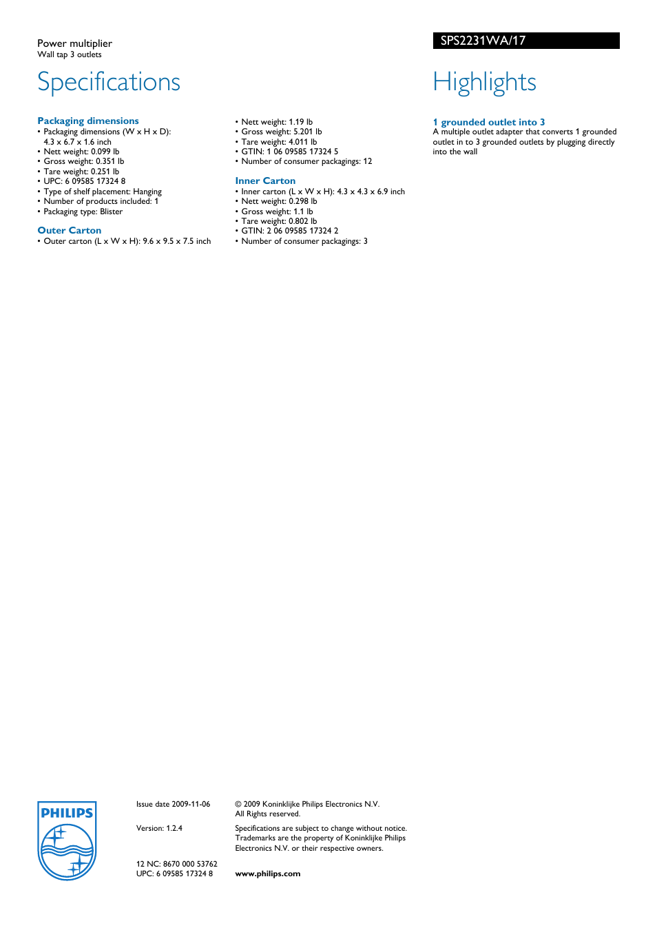 Specifications, Highlights | Philips SPS2231WA-17 User Manual | Page 2 / 2