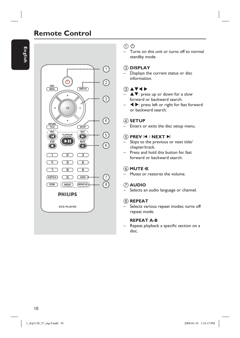 Remote control | Philips DVP1120-37 User Manual | Page 10 / 43