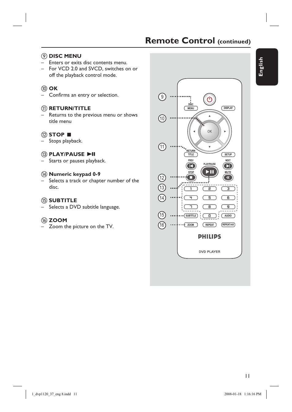 Remote control, Continued) i | Philips DVP1120-37 User Manual | Page 11 / 43