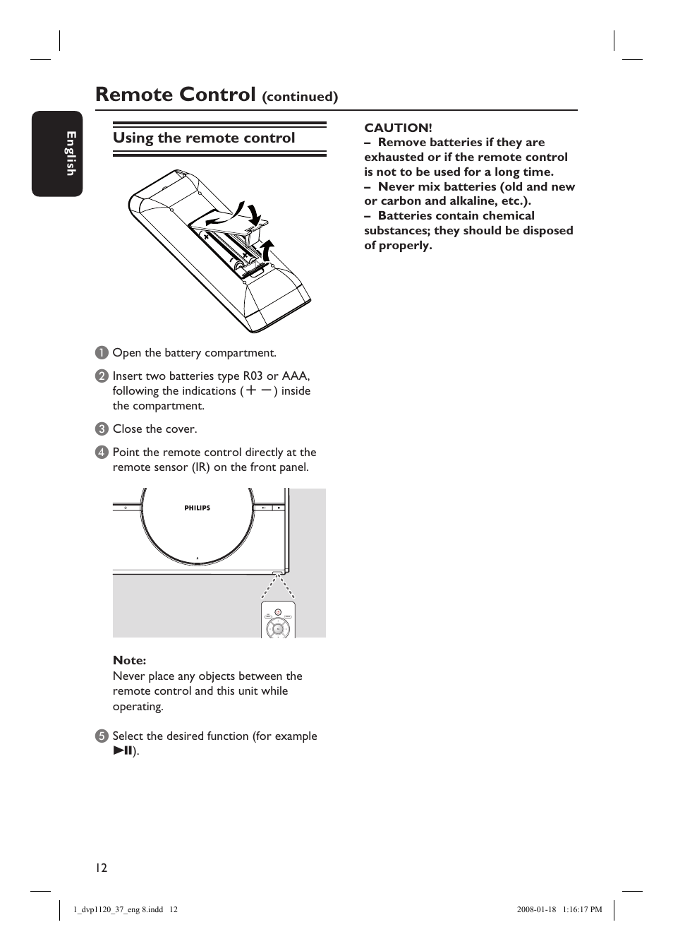 Remote control, Using the remote control | Philips DVP1120-37 User Manual | Page 12 / 43