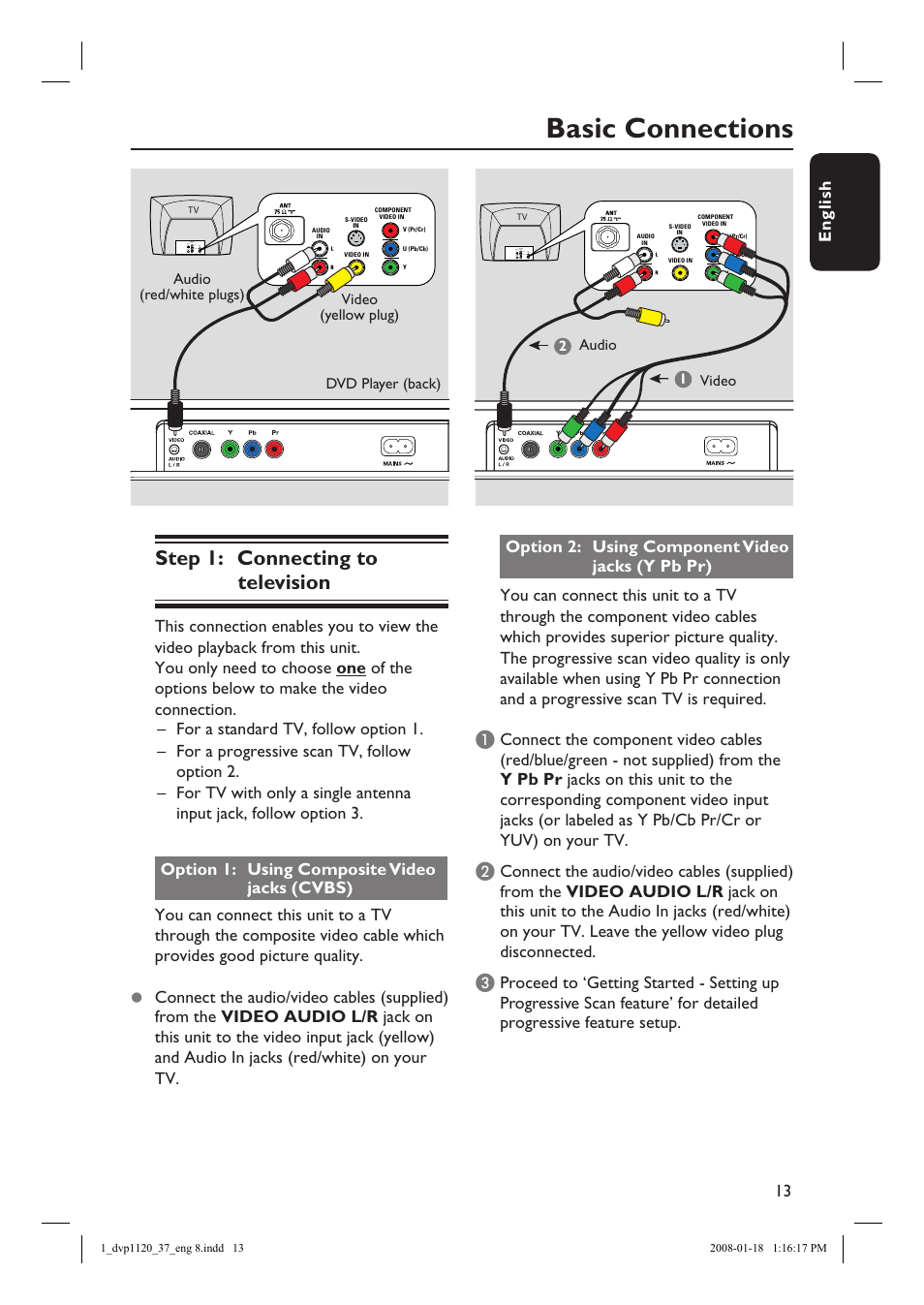 Basic connections, Step 1: connecting to television | Philips DVP1120-37 User Manual | Page 13 / 43