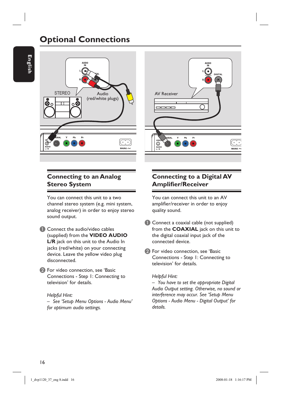 Optional connections, Connecting to an analog stereo system, Connecting to a digital av amplifi er/receiver | Philips DVP1120-37 User Manual | Page 16 / 43