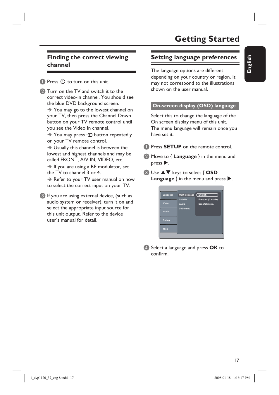 Getting started, Finding the correct viewing channel, Setting language preferences | Philips DVP1120-37 User Manual | Page 17 / 43