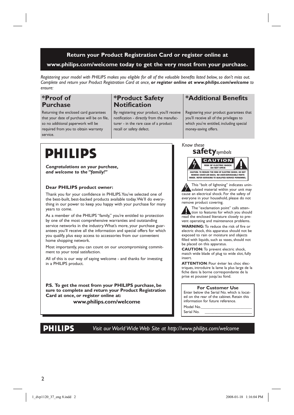 Safety, Proof of purchase, Product safety notification | Additional benefits | Philips DVP1120-37 User Manual | Page 2 / 43