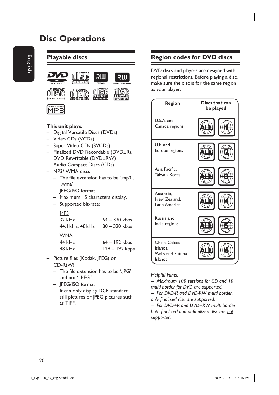 Disc operations, Playable discs, Region codes for dvd discs | Philips DVP1120-37 User Manual | Page 20 / 43