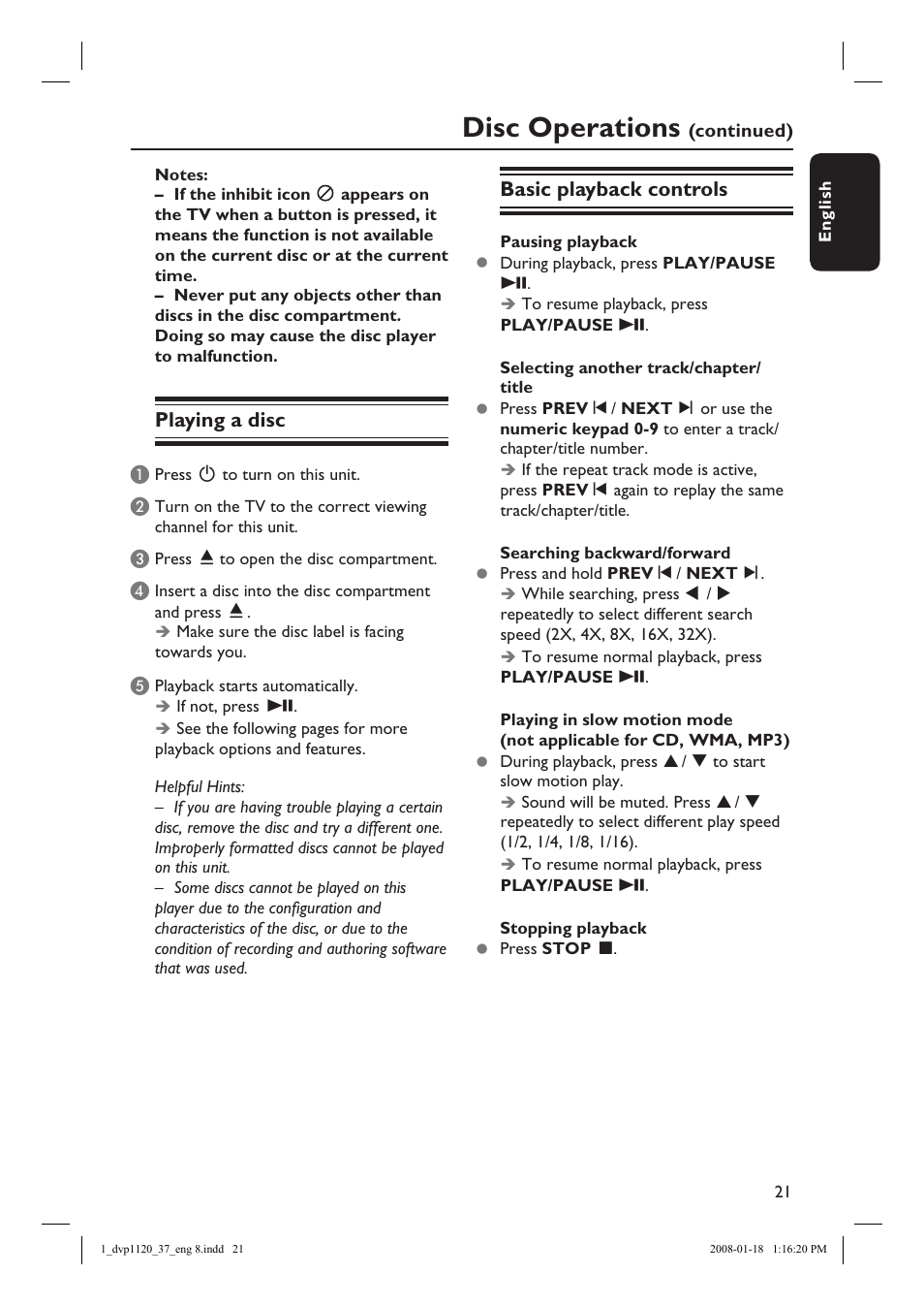 Disc operations, Playing a disc, Basic playback controls | Philips DVP1120-37 User Manual | Page 21 / 43