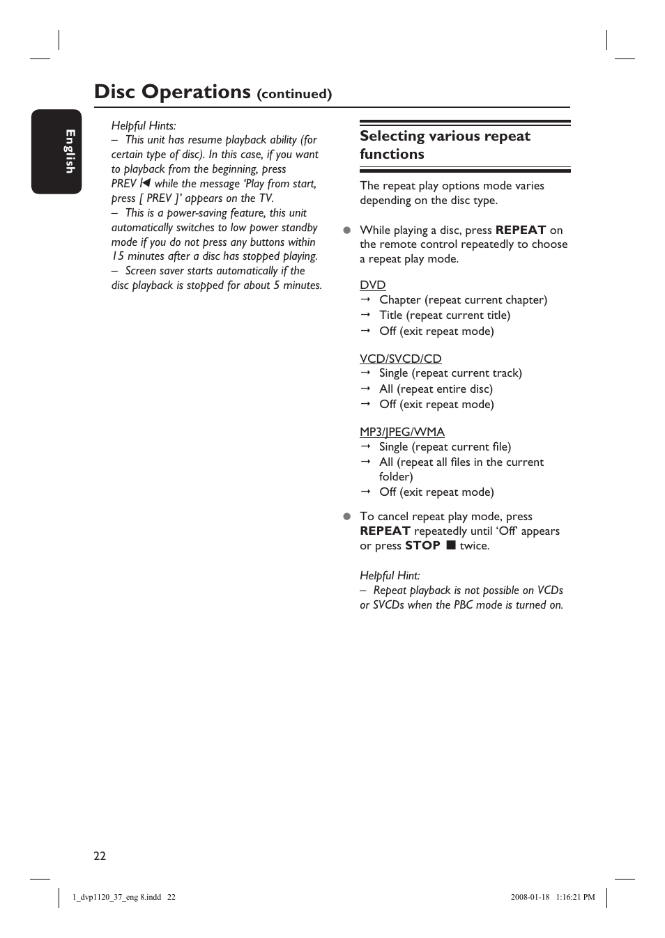 Disc operations, Selecting various repeat functions | Philips DVP1120-37 User Manual | Page 22 / 43