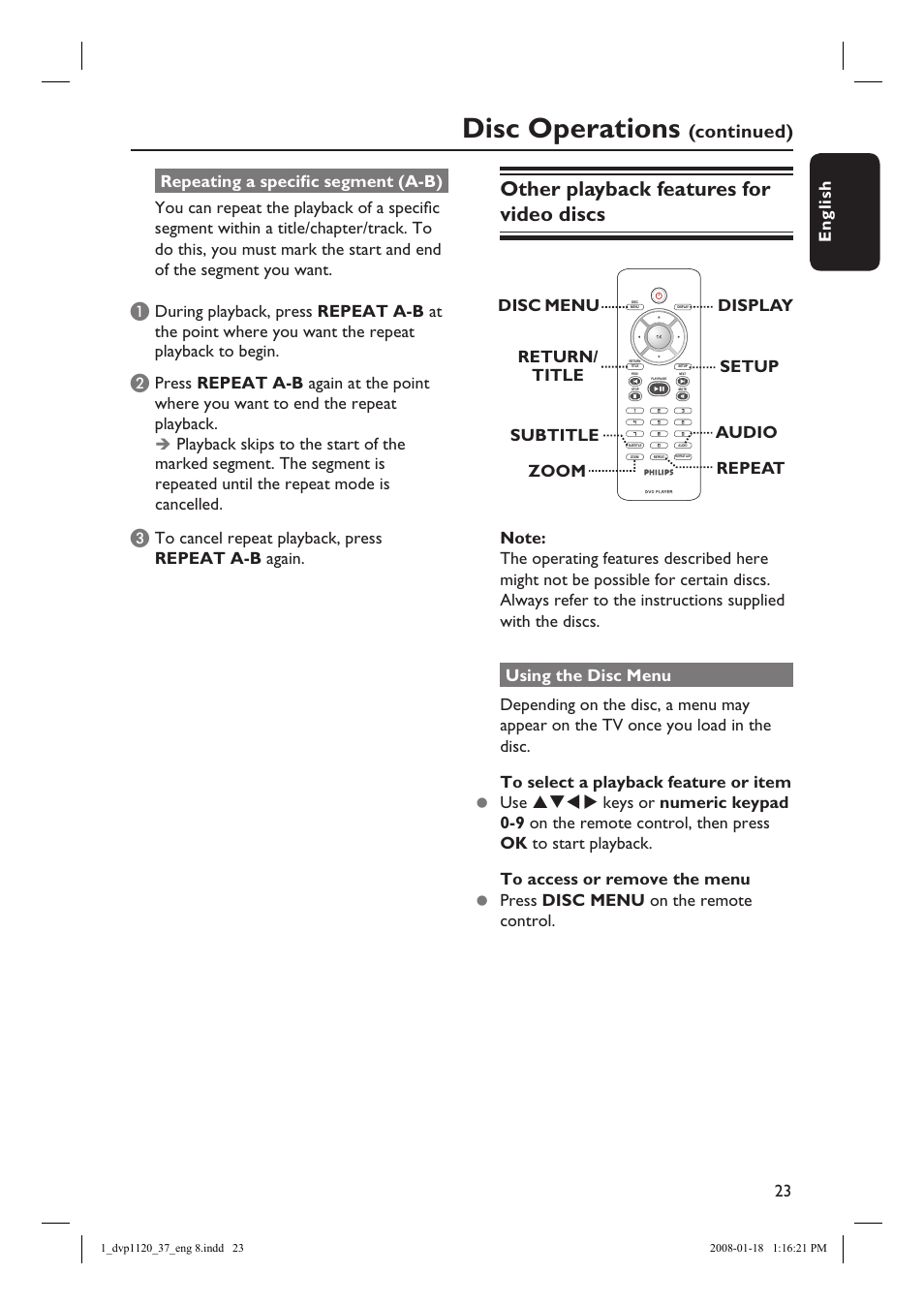 Disc operations, Other playback features for video discs, Continued) | Philips DVP1120-37 User Manual | Page 23 / 43