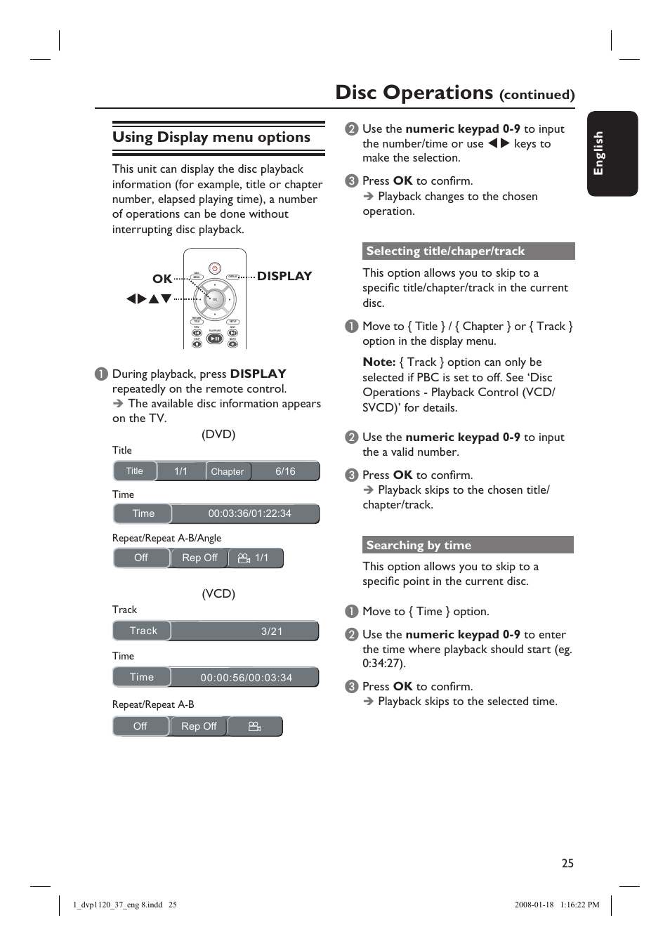 Disc operations, Using display menu options, Continued) b | Philips DVP1120-37 User Manual | Page 25 / 43