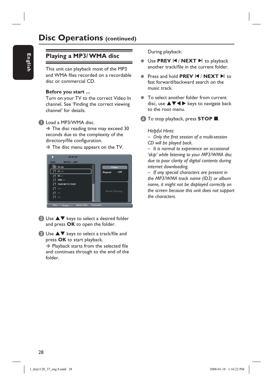 Disc operations, Playing a mp3/ wma disc, Continued) | Eng li sh 28 | Philips DVP1120-37 User Manual | Page 28 / 43