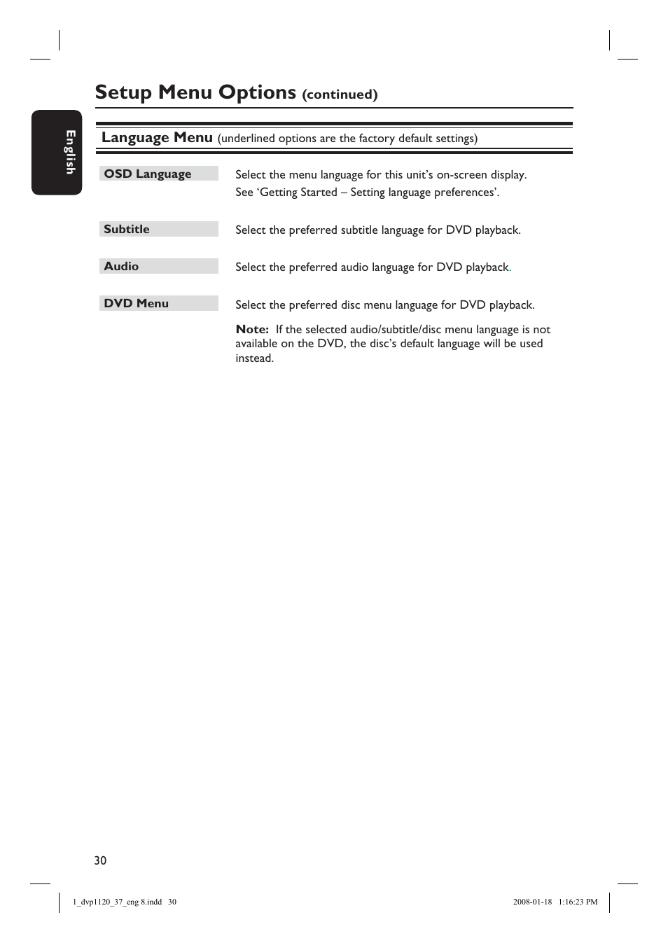 Setup menu options, Language menu | Philips DVP1120-37 User Manual | Page 30 / 43