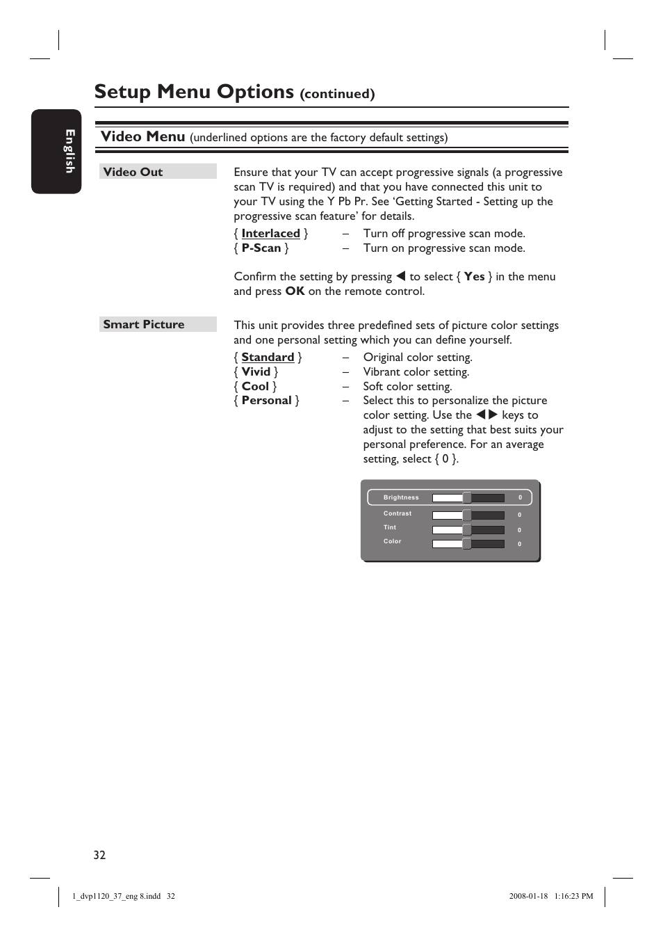 Setup menu options, Video menu, Continued) | Philips DVP1120-37 User Manual | Page 32 / 43