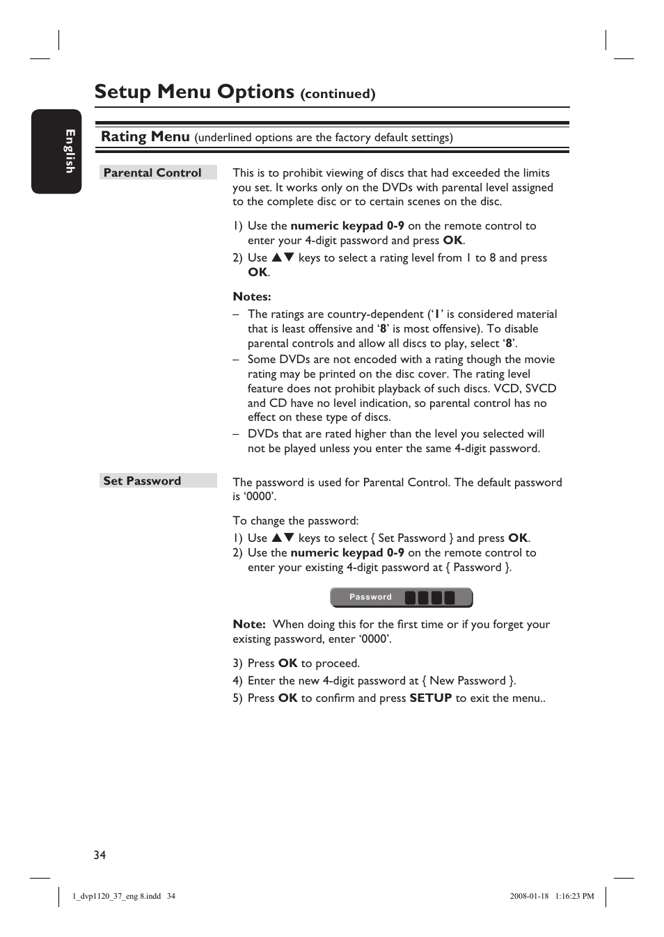 Setup menu options, Rating menu | Philips DVP1120-37 User Manual | Page 34 / 43