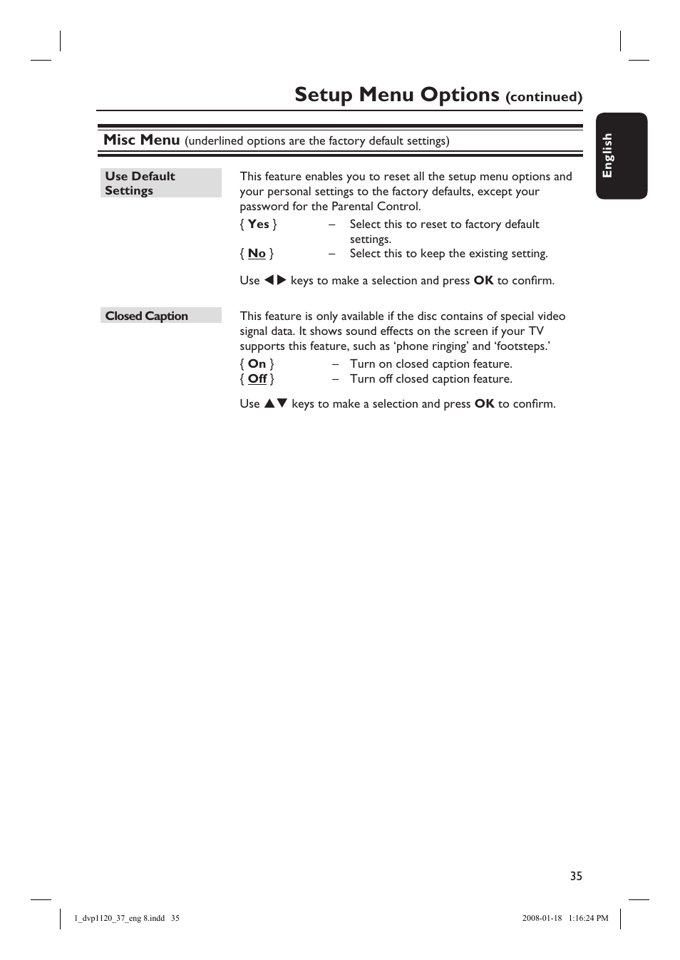 Setup menu options, Misc menu | Philips DVP1120-37 User Manual | Page 35 / 43