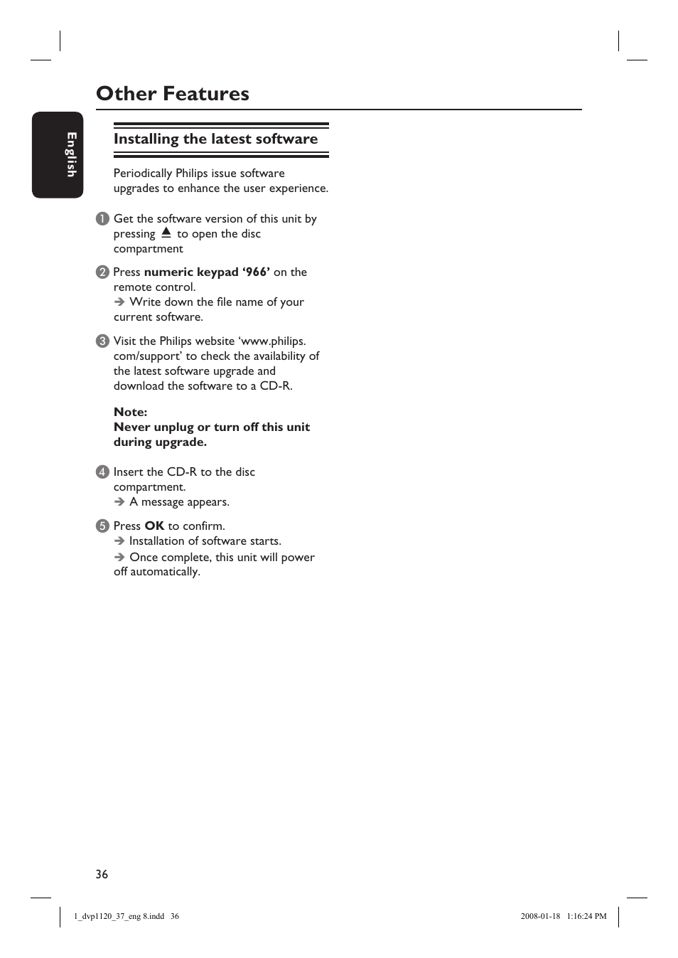 Other features, Installing the latest software | Philips DVP1120-37 User Manual | Page 36 / 43