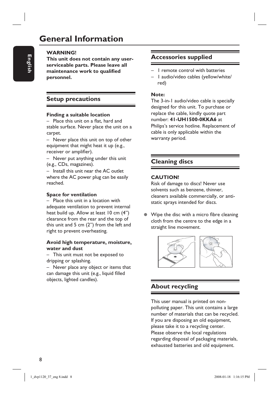 General information, Setup precautions, Accessories supplied | Cleaning discs, About recycling | Philips DVP1120-37 User Manual | Page 8 / 43