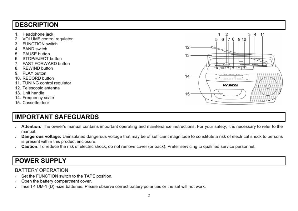 Description, Important safeguards, Power supply | Hyundai H-1004 User Manual | Page 2 / 13