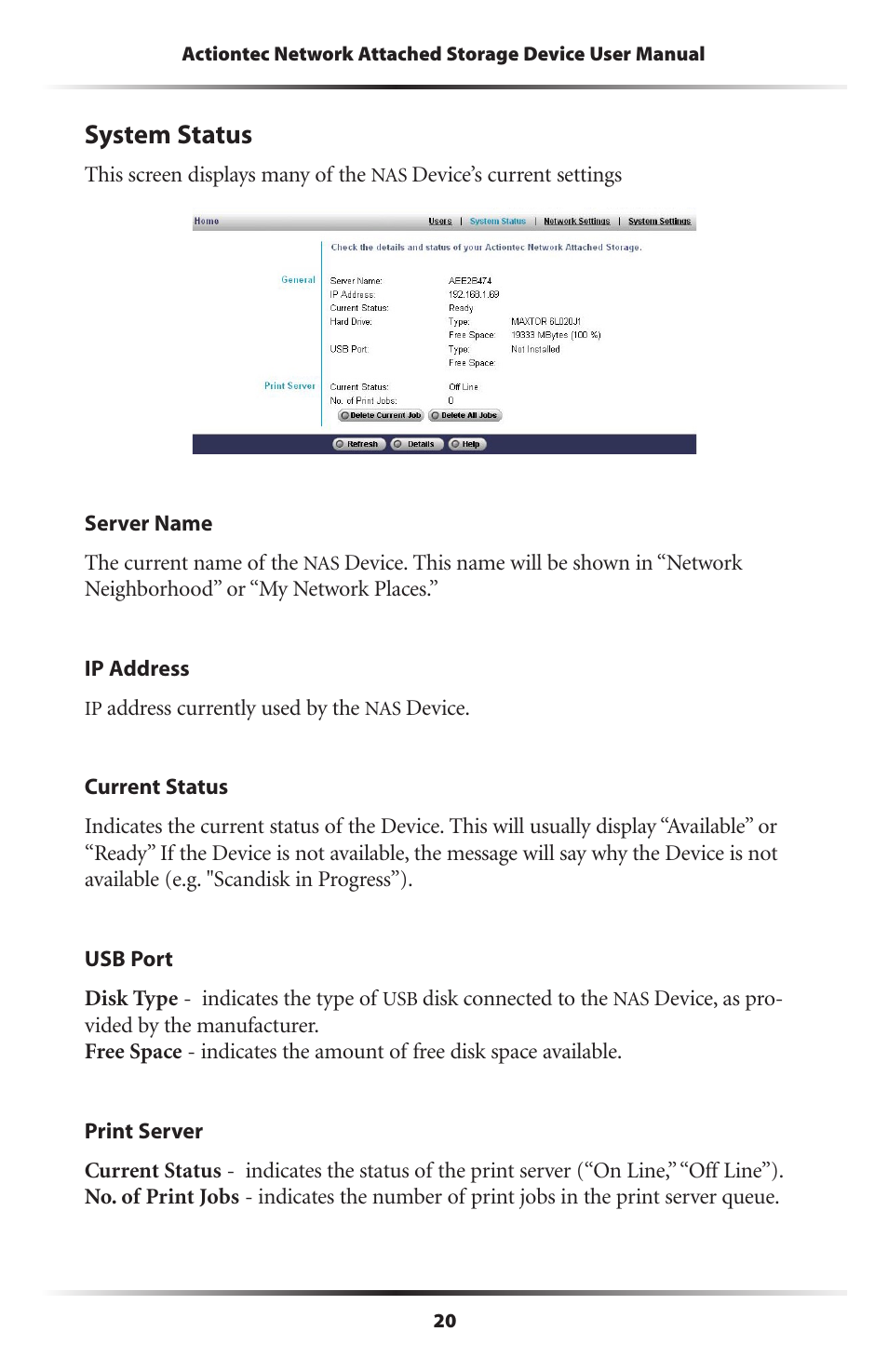 System status | Actiontec electronic NS100-160 User Manual | Page 23 / 59