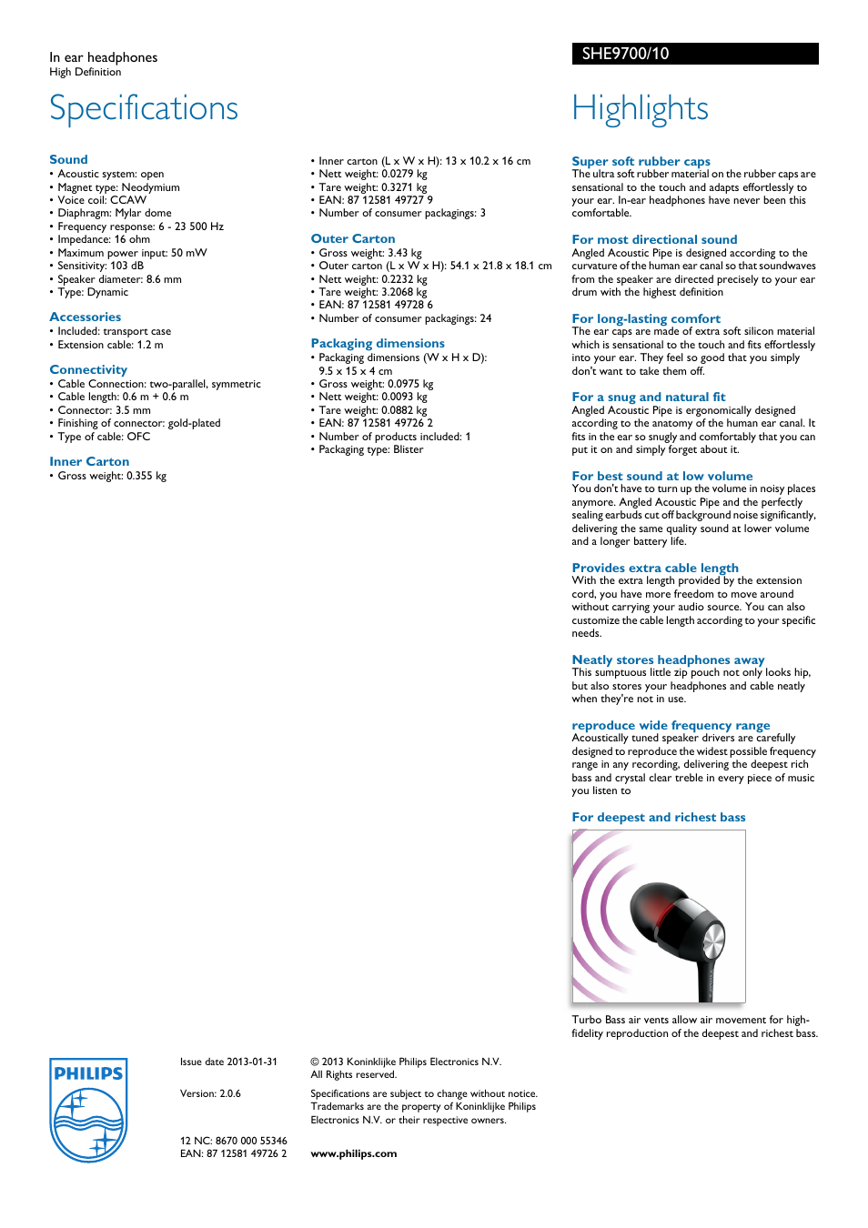 Specifications, Highlights | Philips SHE9700-10 User Manual | Page 2 / 2