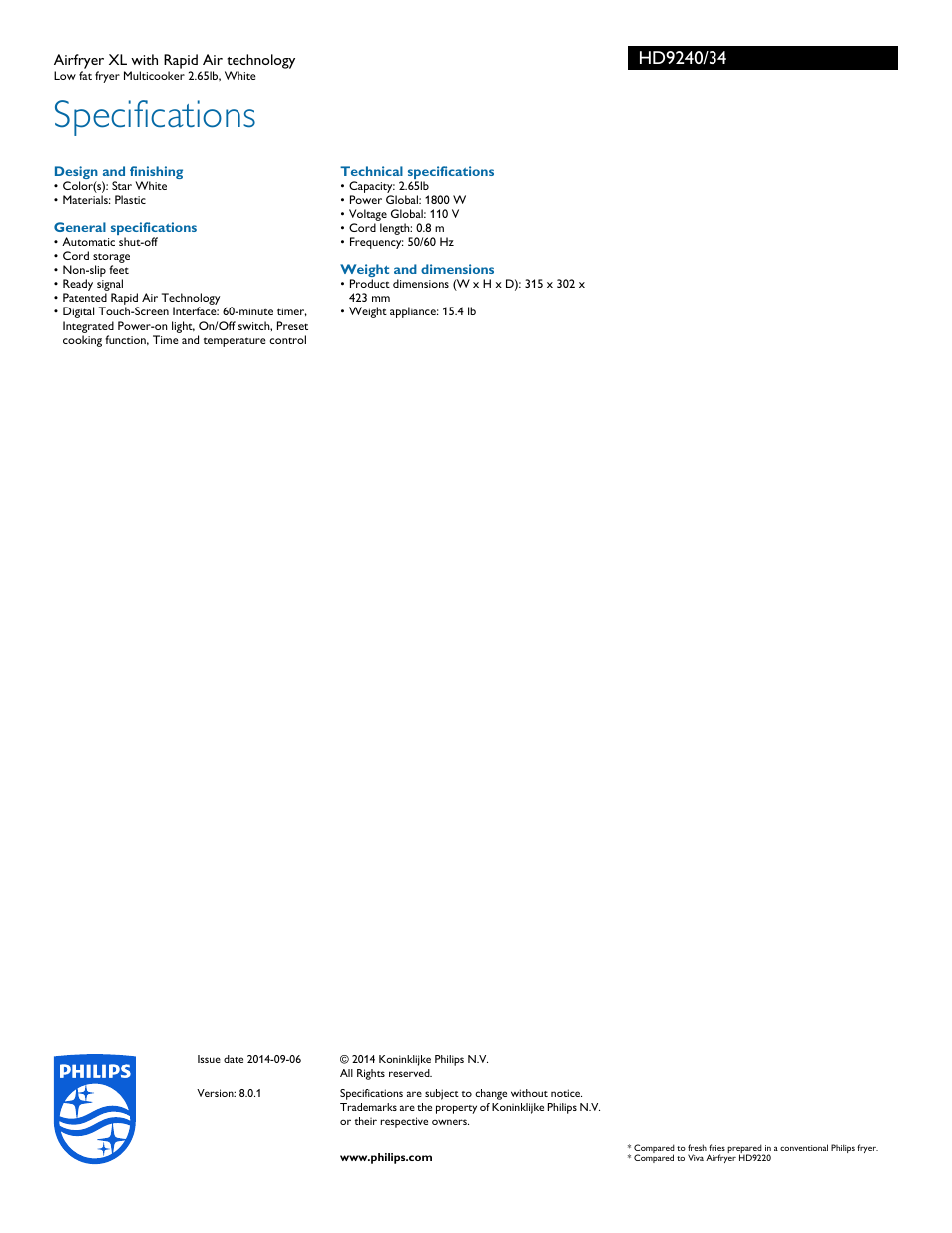 Specifications | Philips HD9240-34 User Manual | Page 3 / 3