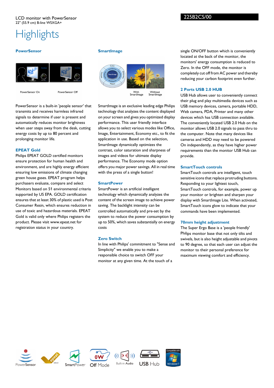 Highlights | Philips 225B2CS-00 User Manual | Page 2 / 3