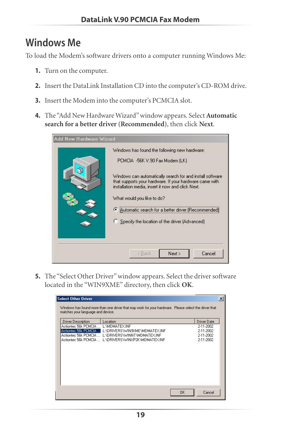 Windows me | Actiontec electronic DataLink V.90 PC Card Fax Modem PCMCIA User Manual | Page 22 / 43