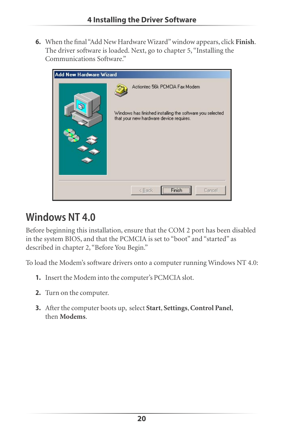 Windows nt 4.0 | Actiontec electronic DataLink V.90 PC Card Fax Modem PCMCIA User Manual | Page 23 / 43