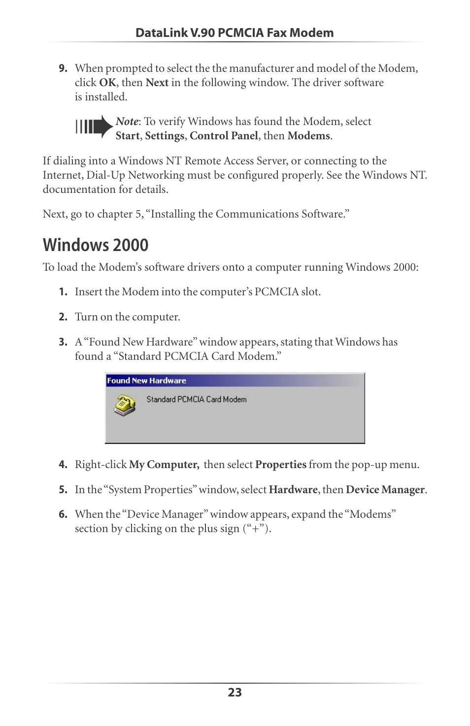 Windows 2000 | Actiontec electronic DataLink V.90 PC Card Fax Modem PCMCIA User Manual | Page 26 / 43
