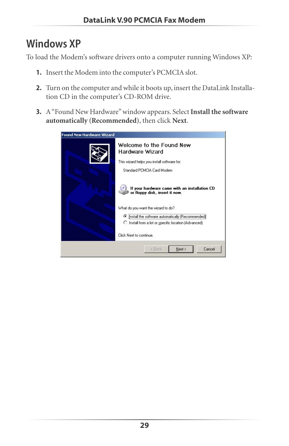 Windows xp | Actiontec electronic DataLink V.90 PC Card Fax Modem PCMCIA User Manual | Page 32 / 43
