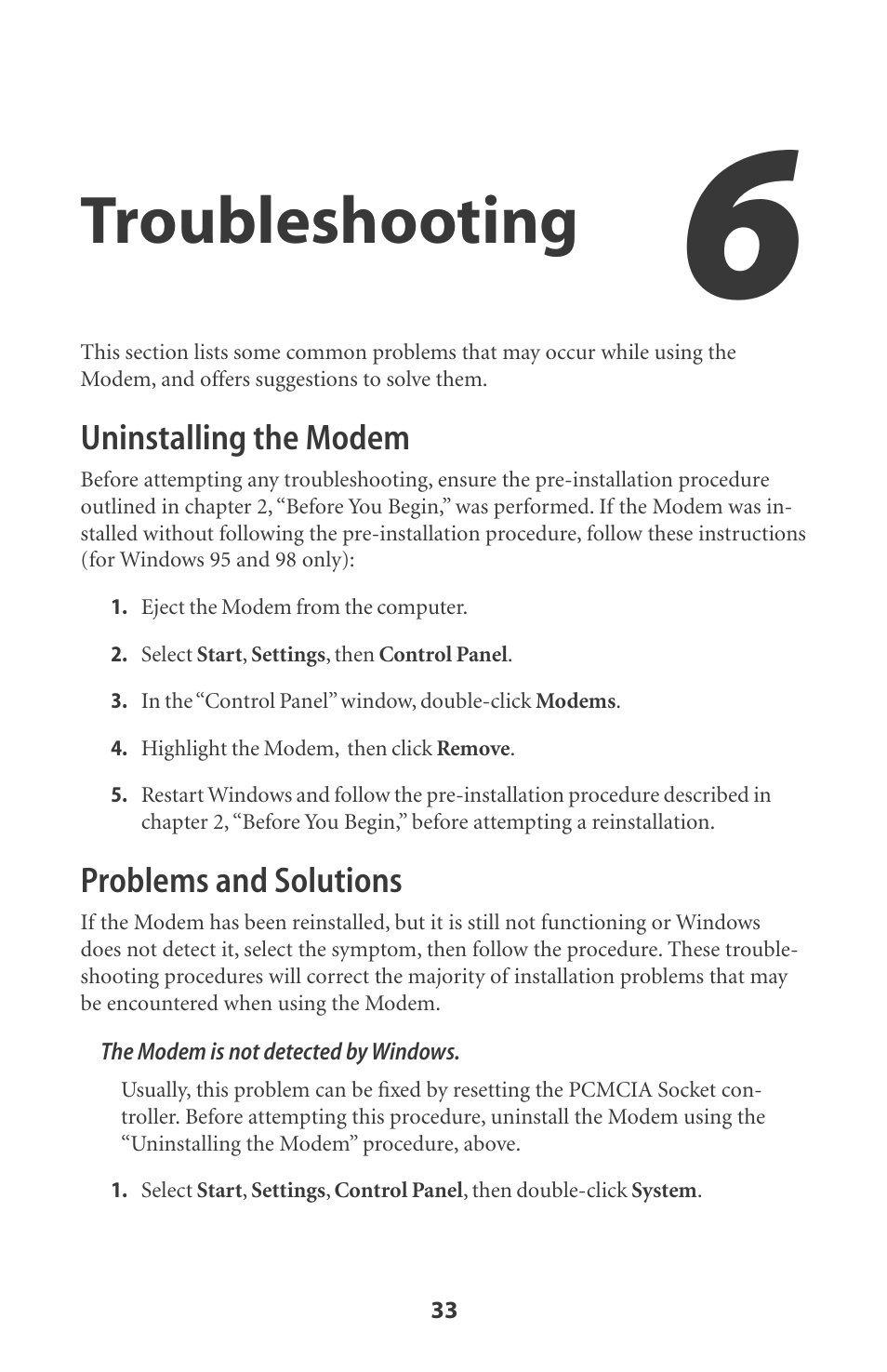 Troubleshooting, Uninstalling the modem, Problems and solutions | Actiontec electronic DataLink V.90 PC Card Fax Modem PCMCIA User Manual | Page 36 / 43