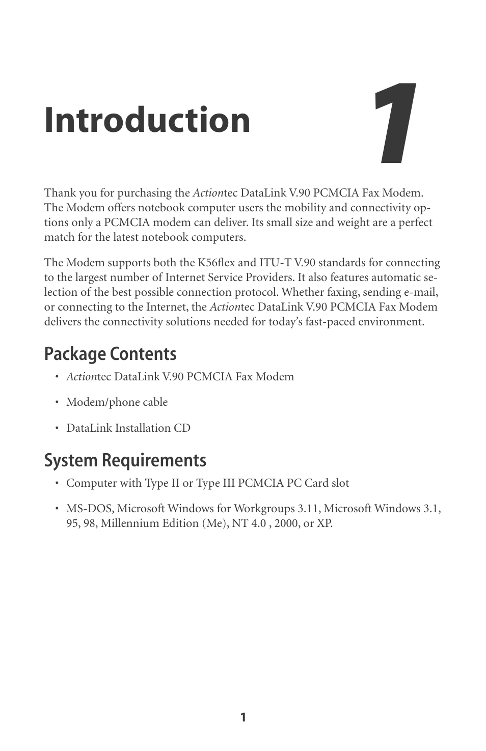 Introduction, Package contents, System requirements | Actiontec electronic DataLink V.90 PC Card Fax Modem PCMCIA User Manual | Page 4 / 43