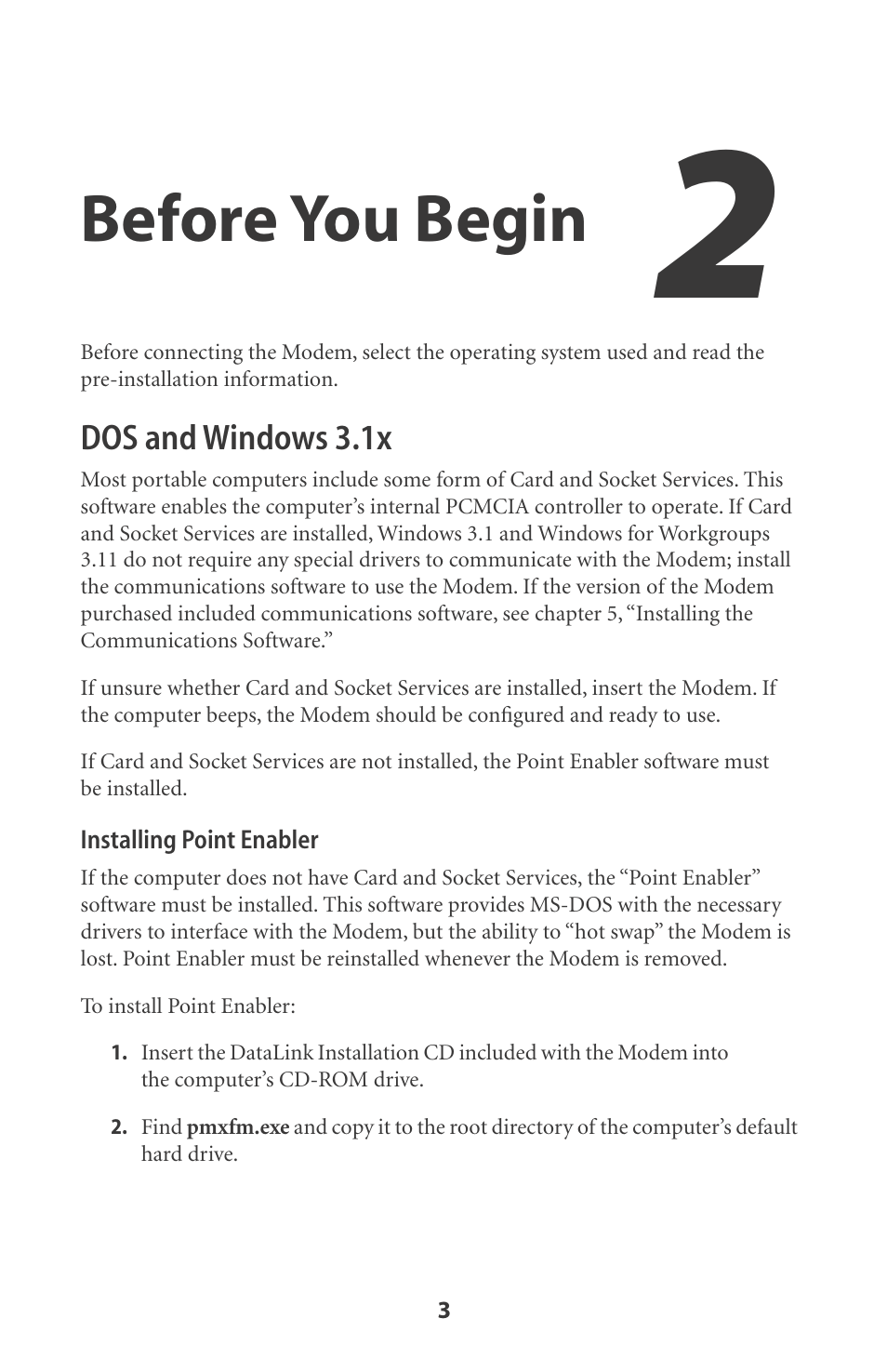 Before you begin, Dos and windows 3.1x | Actiontec electronic DataLink V.90 PC Card Fax Modem PCMCIA User Manual | Page 6 / 43