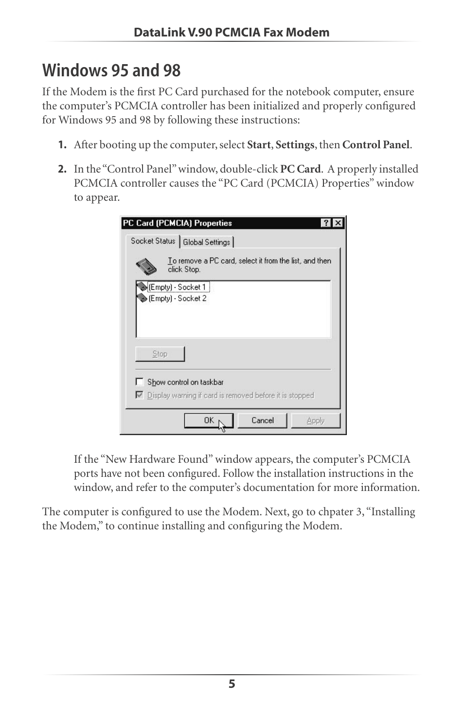 Windows 95 and 98 | Actiontec electronic DataLink V.90 PC Card Fax Modem PCMCIA User Manual | Page 8 / 43