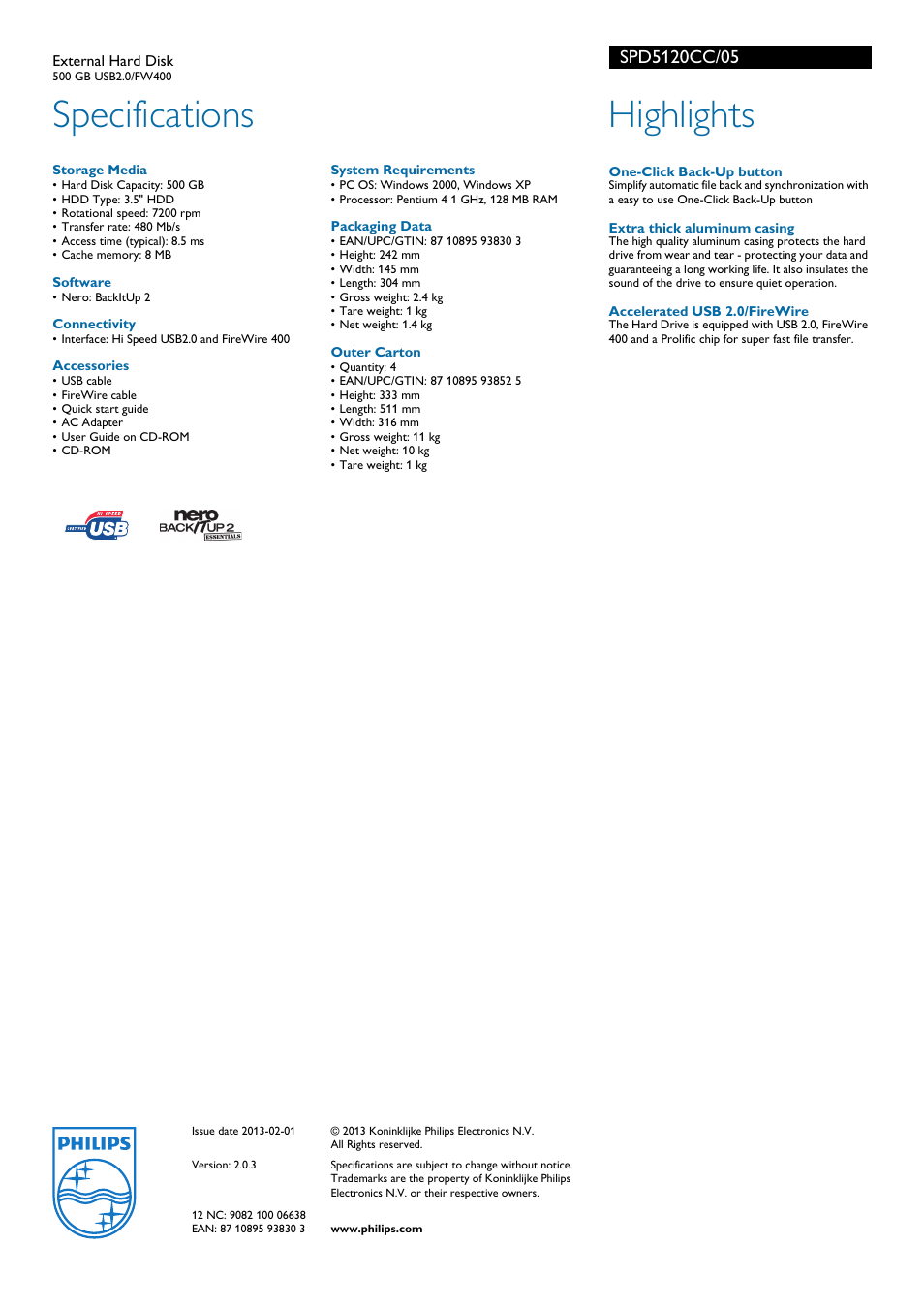 Specifications, Highlights | Philips SPD5120CC-05 User Manual | Page 2 / 2