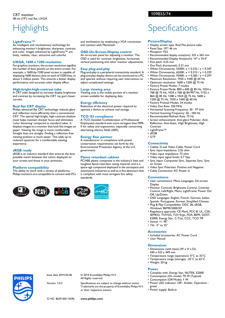 Highlights, Specifications | Philips 109B55-74 User Manual | Page 2 / 2