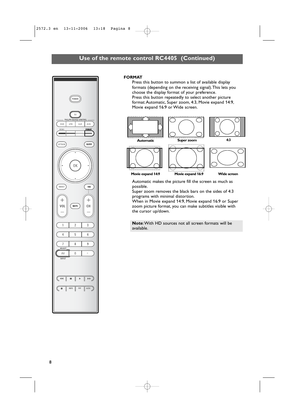 Use of the remote control rc4405 (continued), Format | Philips 47PF9441D-37B User Manual | Page 10 / 70