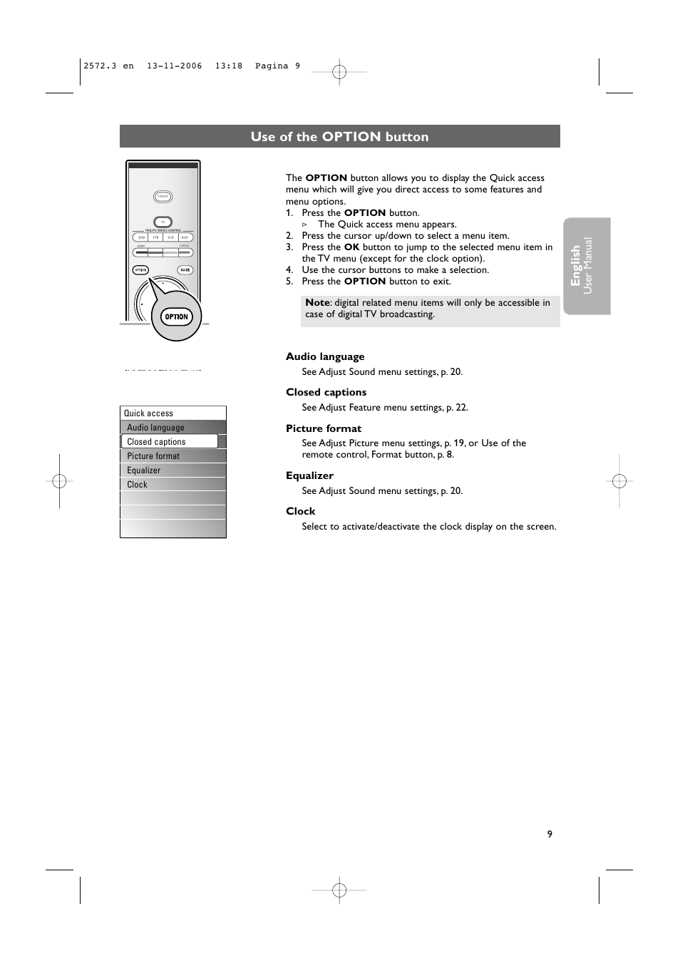 Use of the option button, English, User man ual | Audio language, Closed captions, Picture format, Equalizer, Clock | Philips 47PF9441D-37B User Manual | Page 11 / 70