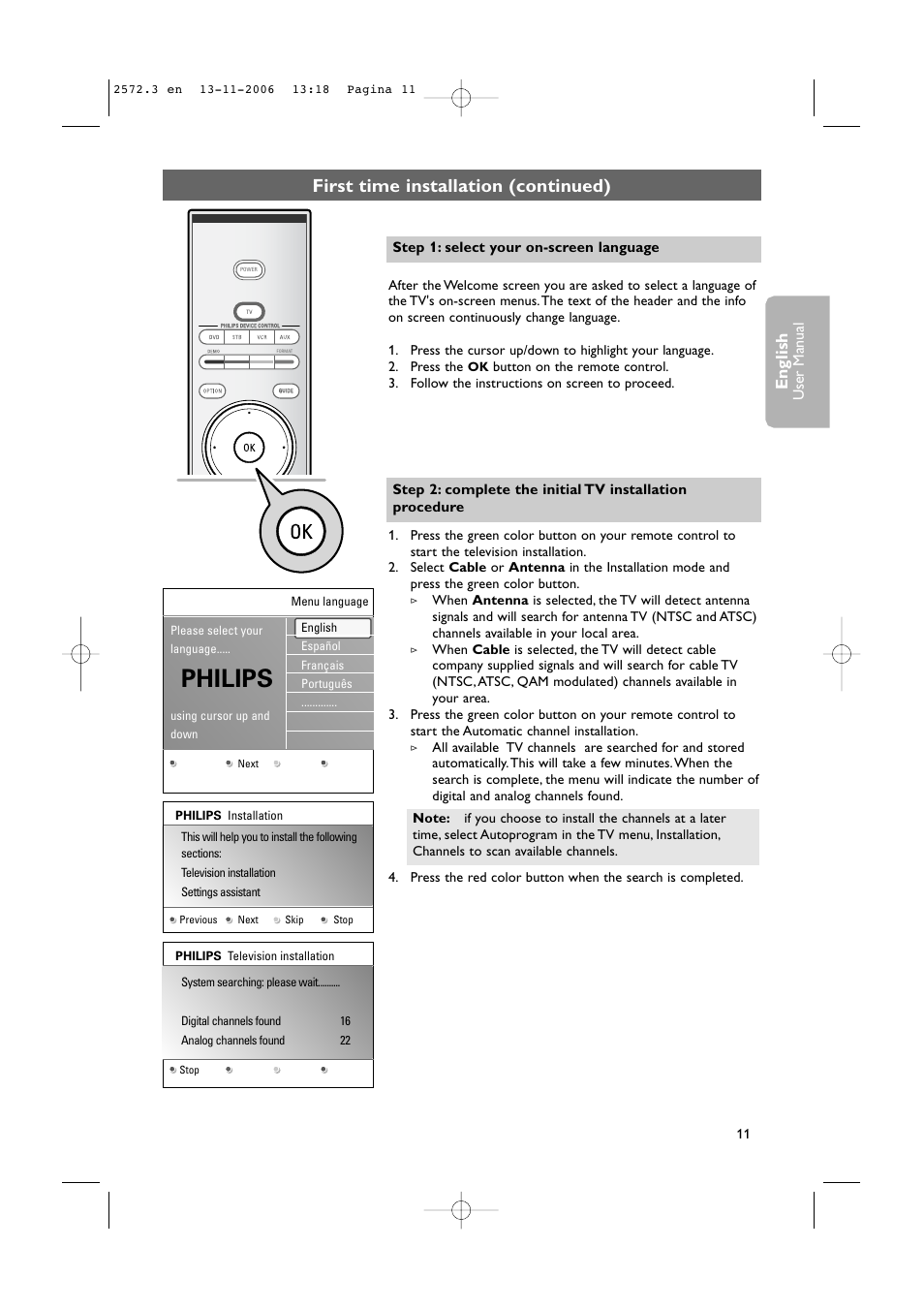 Philips, First time installation (continued), English | User man ual | Philips 47PF9441D-37B User Manual | Page 13 / 70