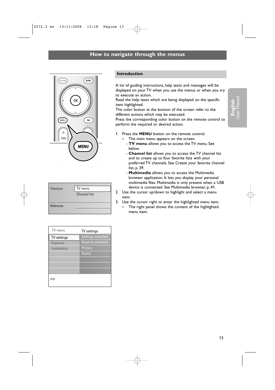 How to navigate through the menus, English, User man ual | Philips 47PF9441D-37B User Manual | Page 15 / 70