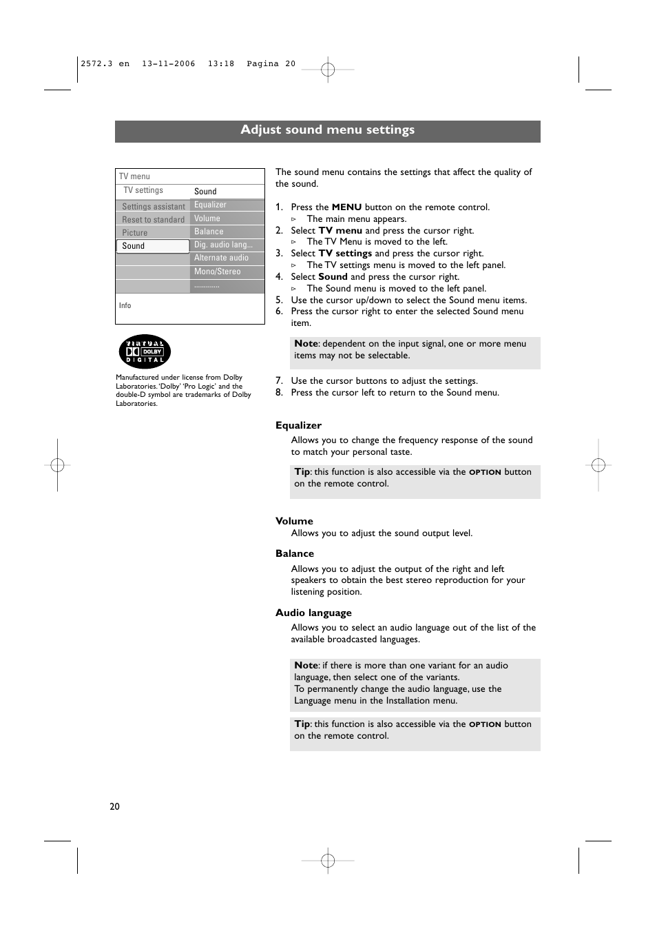 Adjust sound menu settings | Philips 47PF9441D-37B User Manual | Page 22 / 70