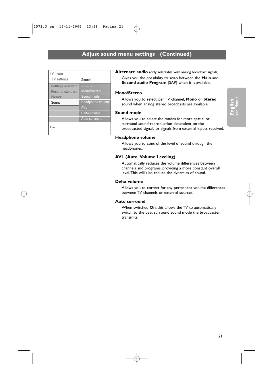 Adjust sound menu settings (continued) | Philips 47PF9441D-37B User Manual | Page 23 / 70