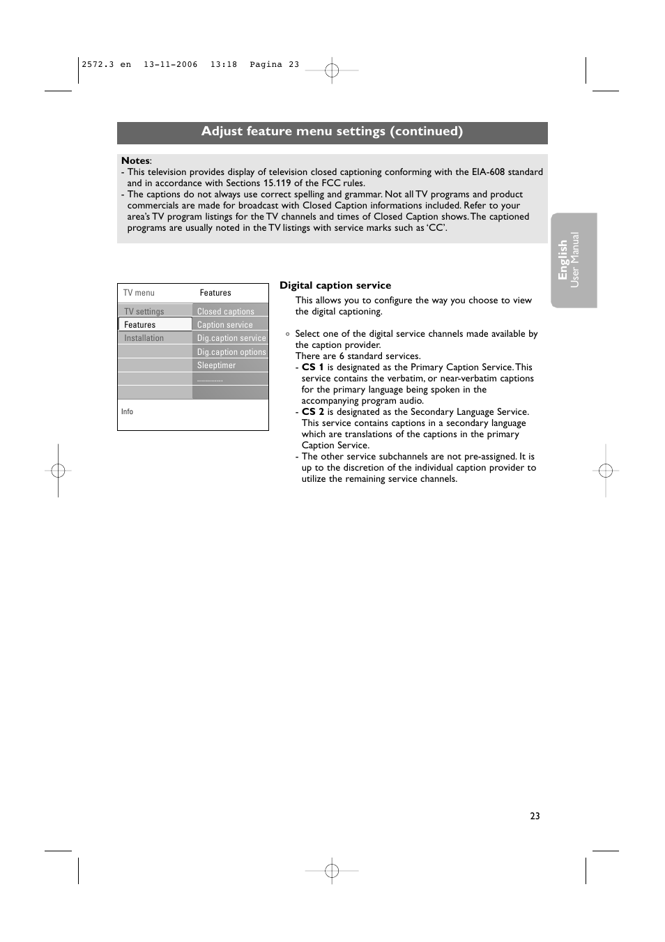 Adjust feature menu settings (continued), English | Philips 47PF9441D-37B User Manual | Page 25 / 70
