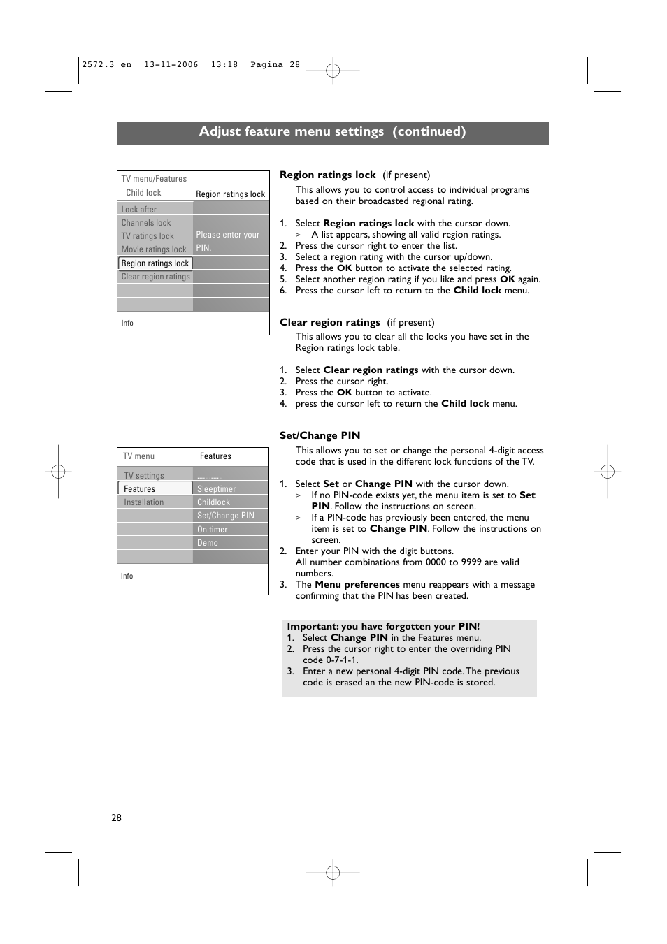Adjust feature menu settings (continued) | Philips 47PF9441D-37B User Manual | Page 30 / 70