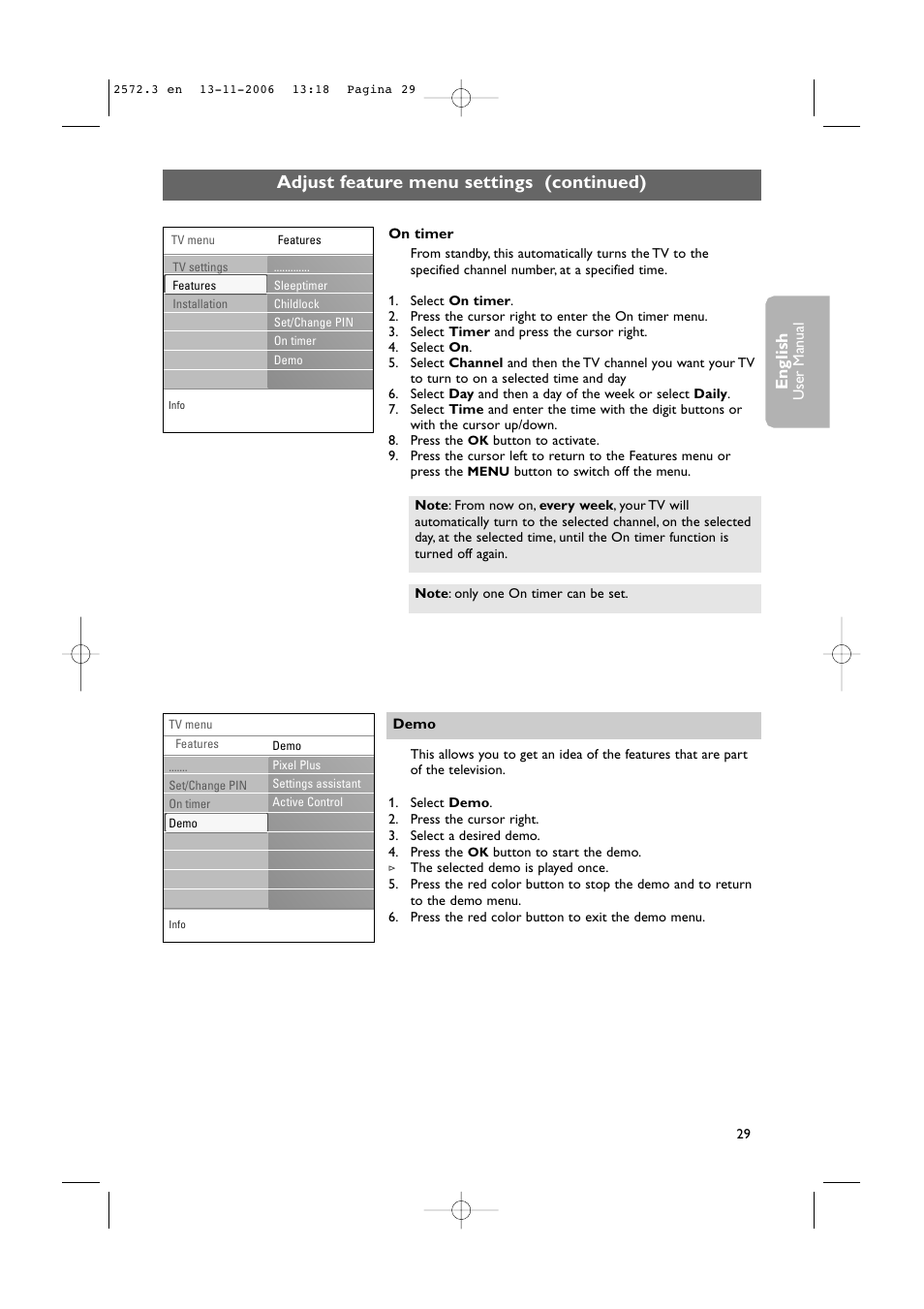 Adjust feature menu settings (continued), English | Philips 47PF9441D-37B User Manual | Page 31 / 70