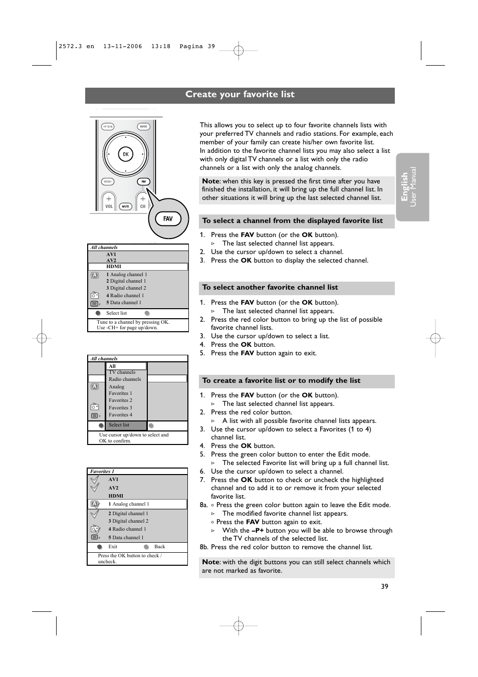 Create your favorite list, English, User man ual | Philips 47PF9441D-37B User Manual | Page 41 / 70