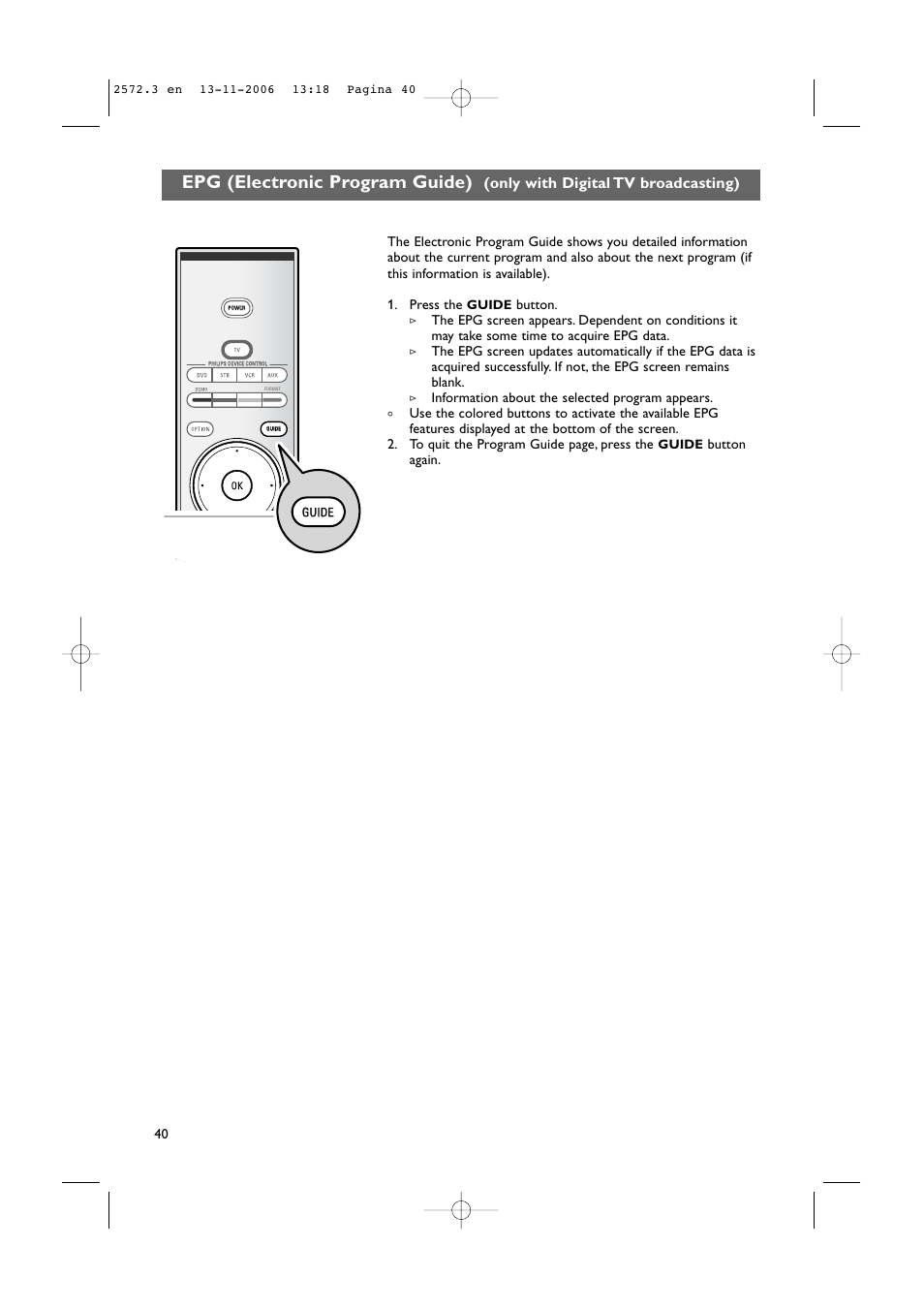 Epg (electronic program guide), Only with digital tv broadcasting) | Philips 47PF9441D-37B User Manual | Page 42 / 70