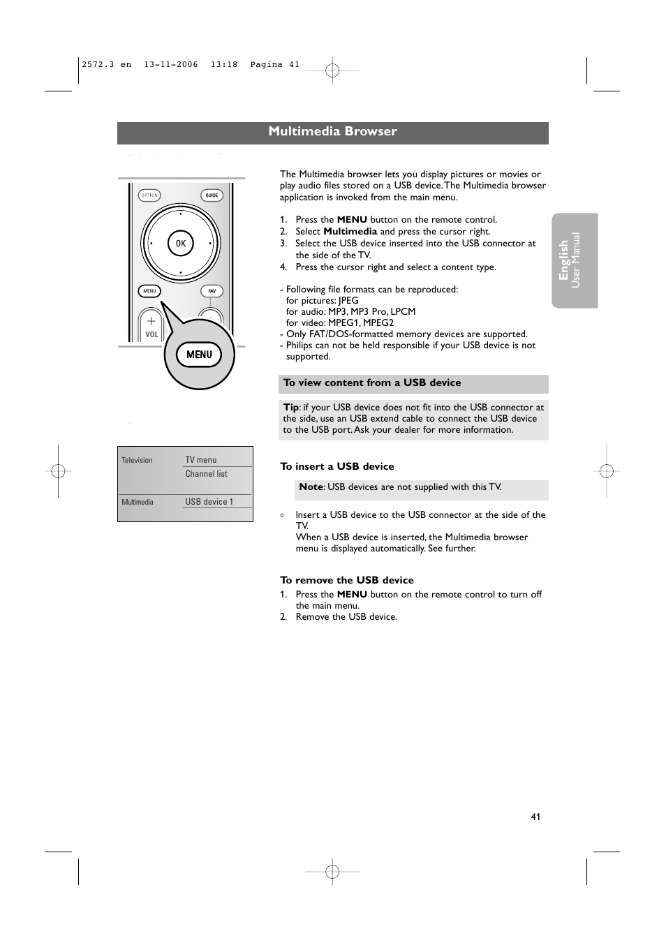 Multimedia browser, English, User man ual | Philips 47PF9441D-37B User Manual | Page 43 / 70