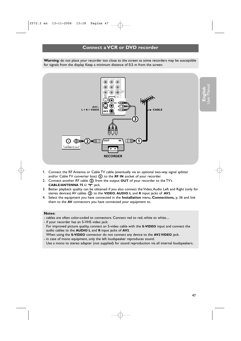 Connect a vcr or dvd recorder, English, User man ual | Philips 47PF9441D-37B User Manual | Page 49 / 70