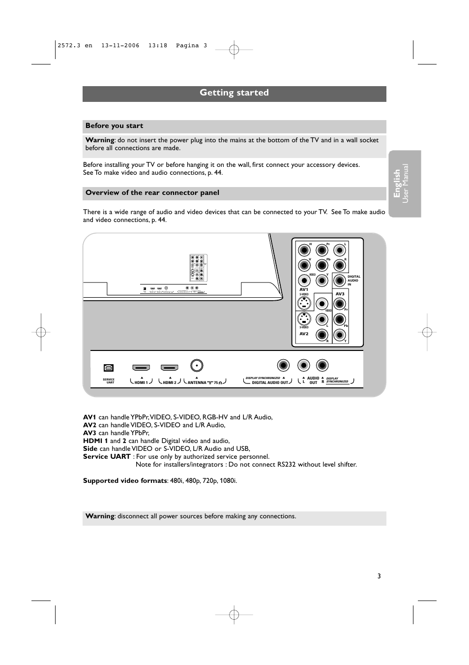 Getting started, English, User man ual | Philips 47PF9441D-37B User Manual | Page 5 / 70